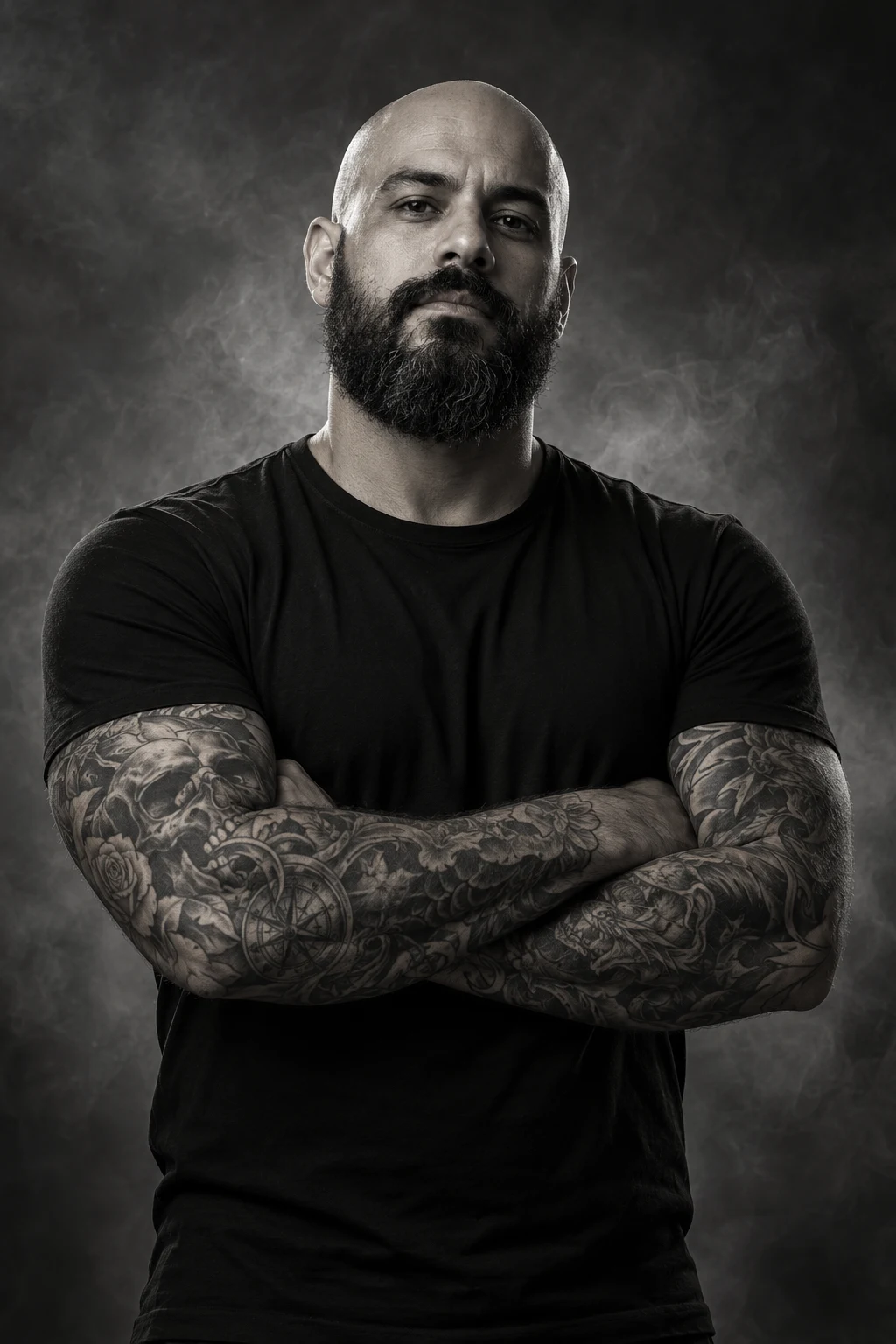 Caio, tatuador fictício careca e barbudo, com os braços tatuados cruzados